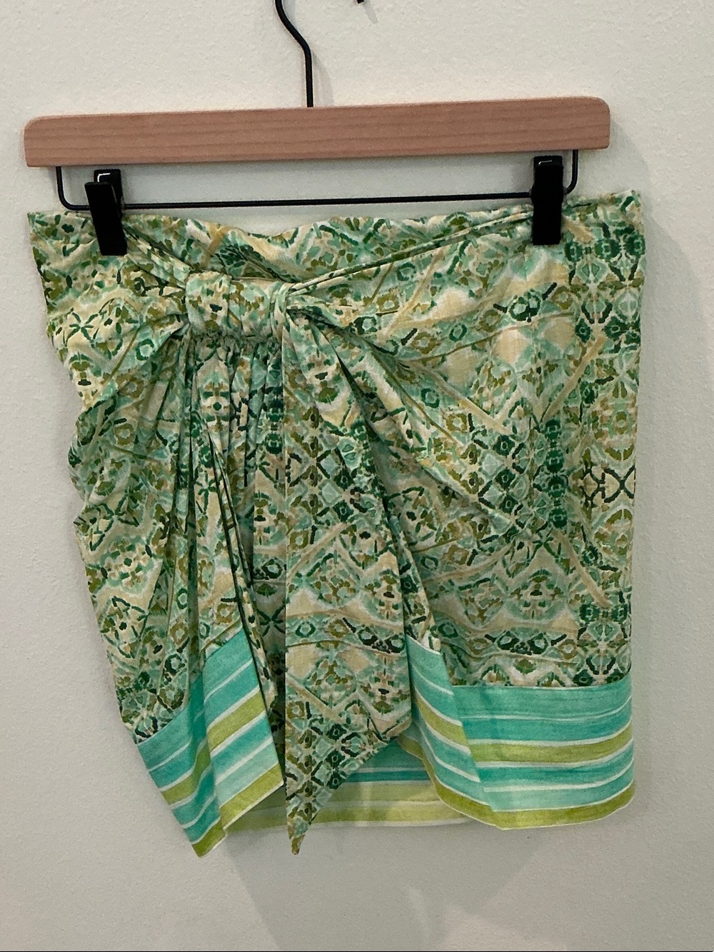 Zara Green Patterned Sarong Skirt with Tie and Striped Hem